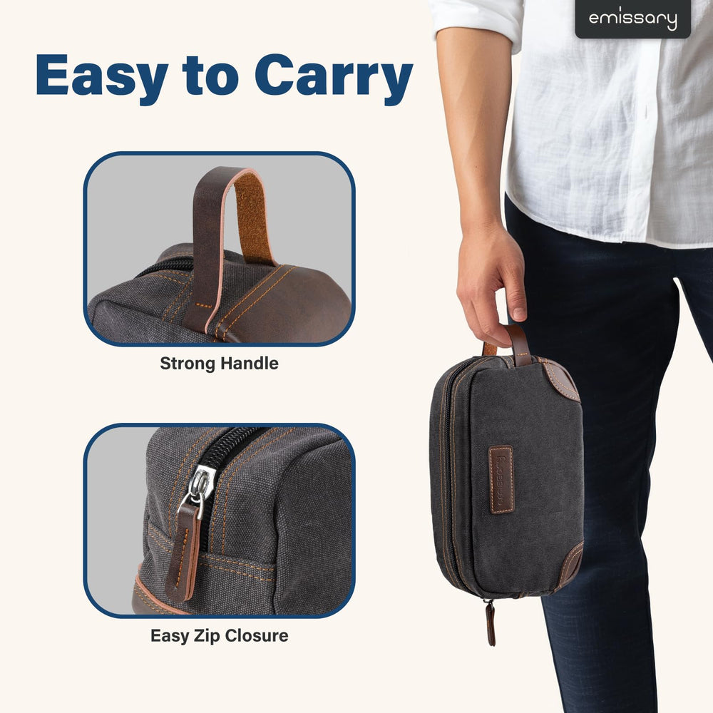 emissary Toiletry Bag water-resistant canvas detail for damp bathroom environments