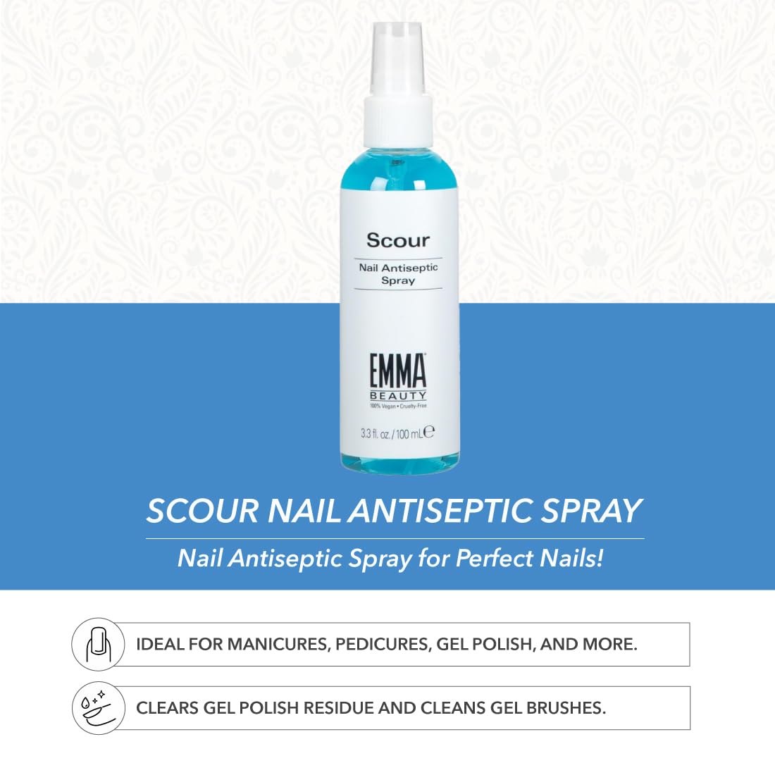 EMMA Beauty Scour Nail Antiseptic Spray removing gel residue from nails.