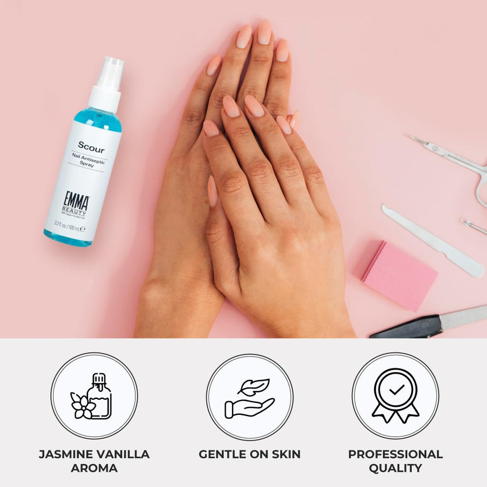 EMMA Beauty Scour Nail Antiseptic Spray vegan cruelty-free badge and 12+ free claim.