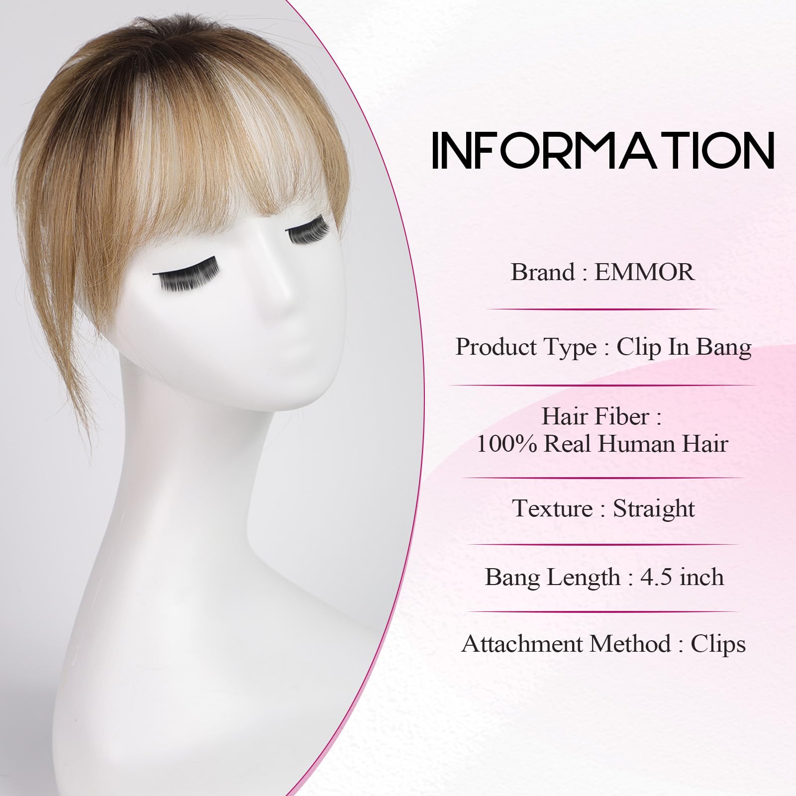 EMMOR Clip-in Bangs closeup highlights matte texture and realistic hairline