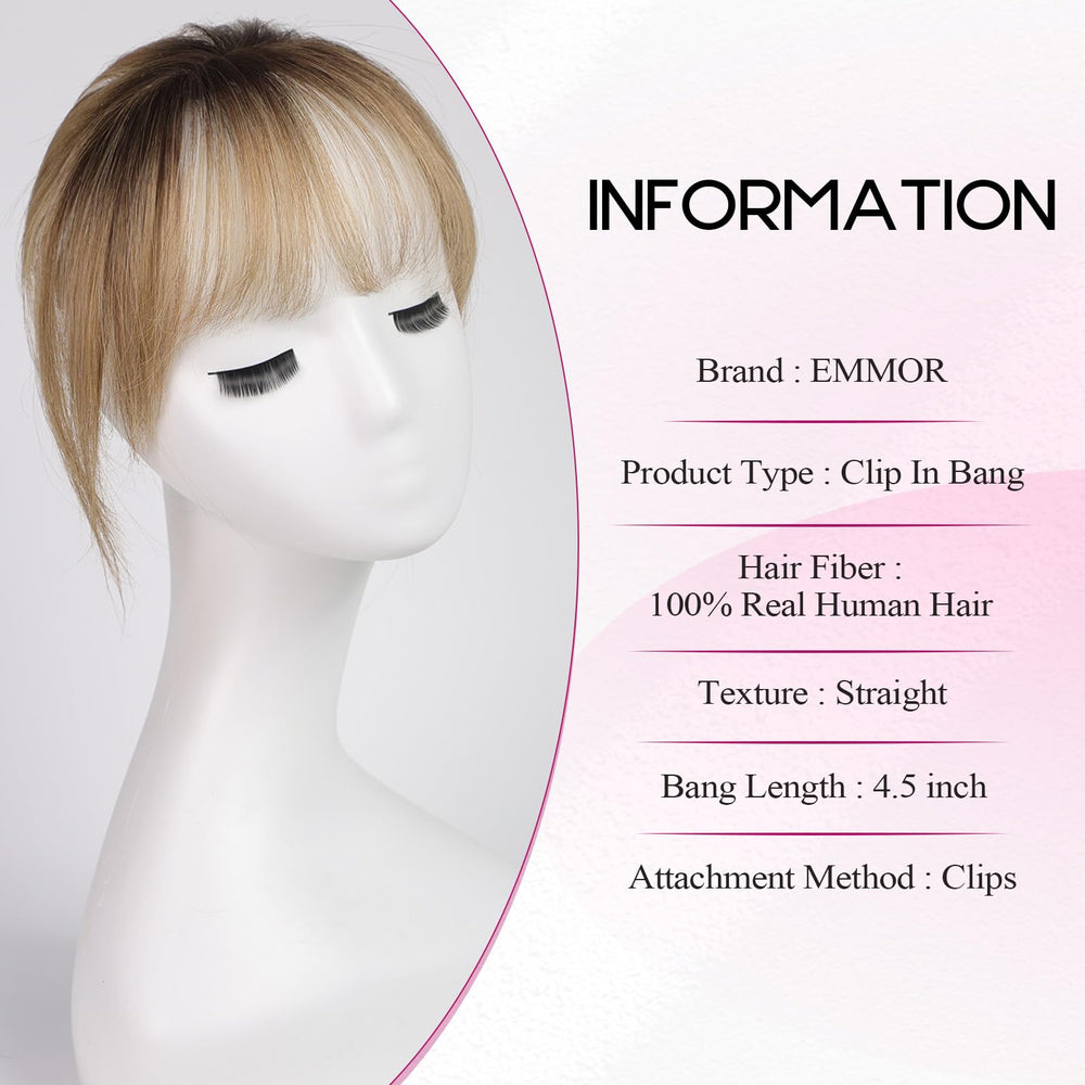 EMMOR Clip-in Bangs closeup highlights matte texture and realistic hairline