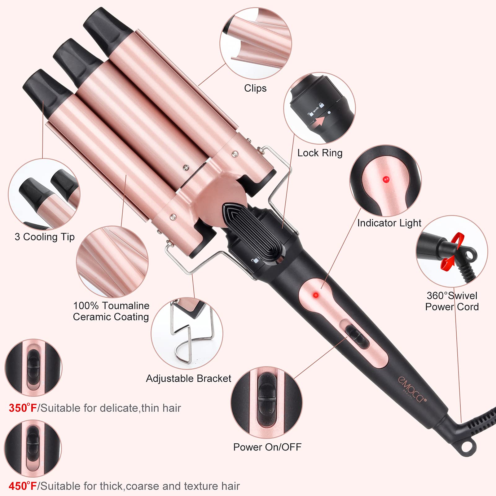 Emocci Pro tapered 3/4-inch ceramic wand for soft, tapered curls.