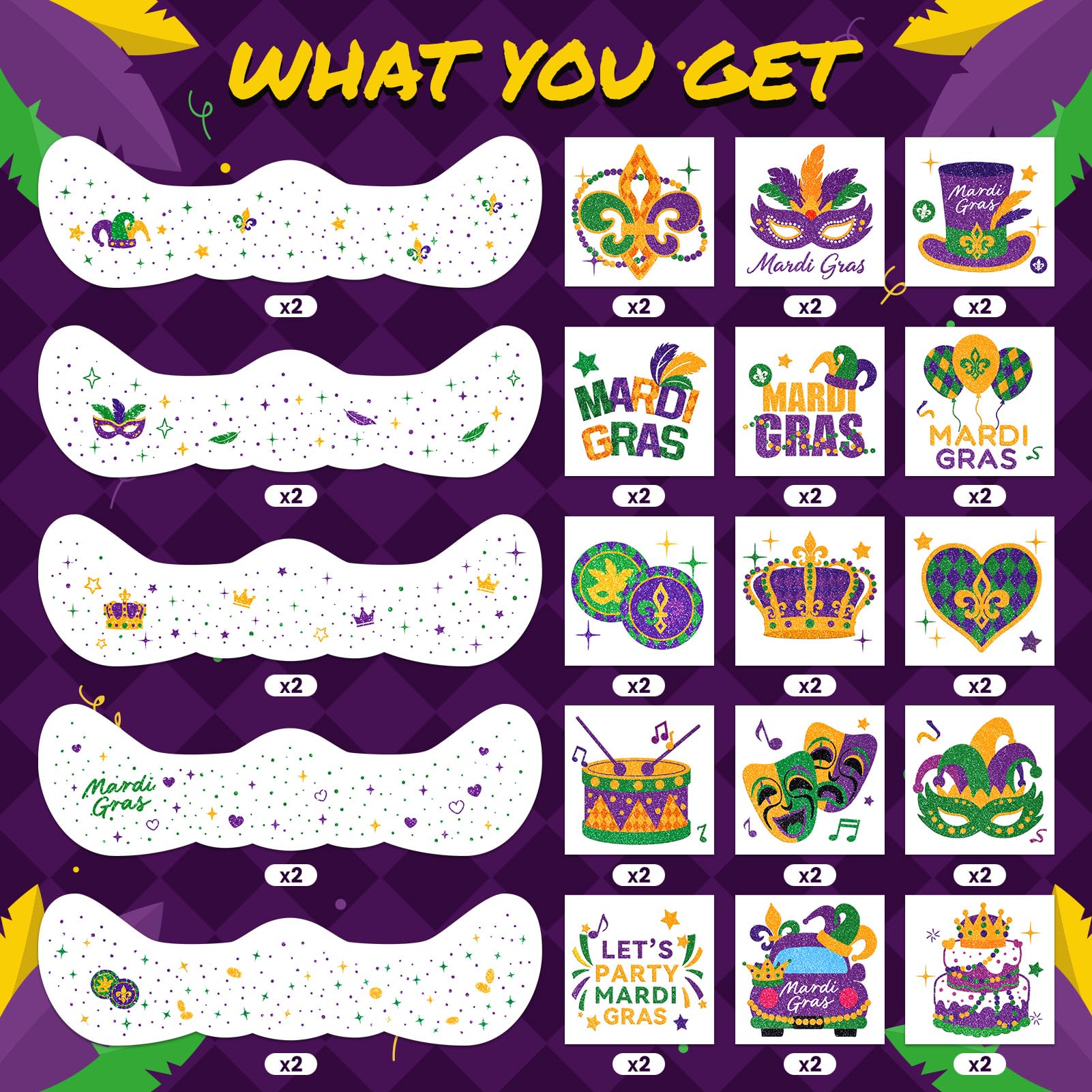EMOME Mardi Gras tatuajes de cuerpo con brillo para fiestas.