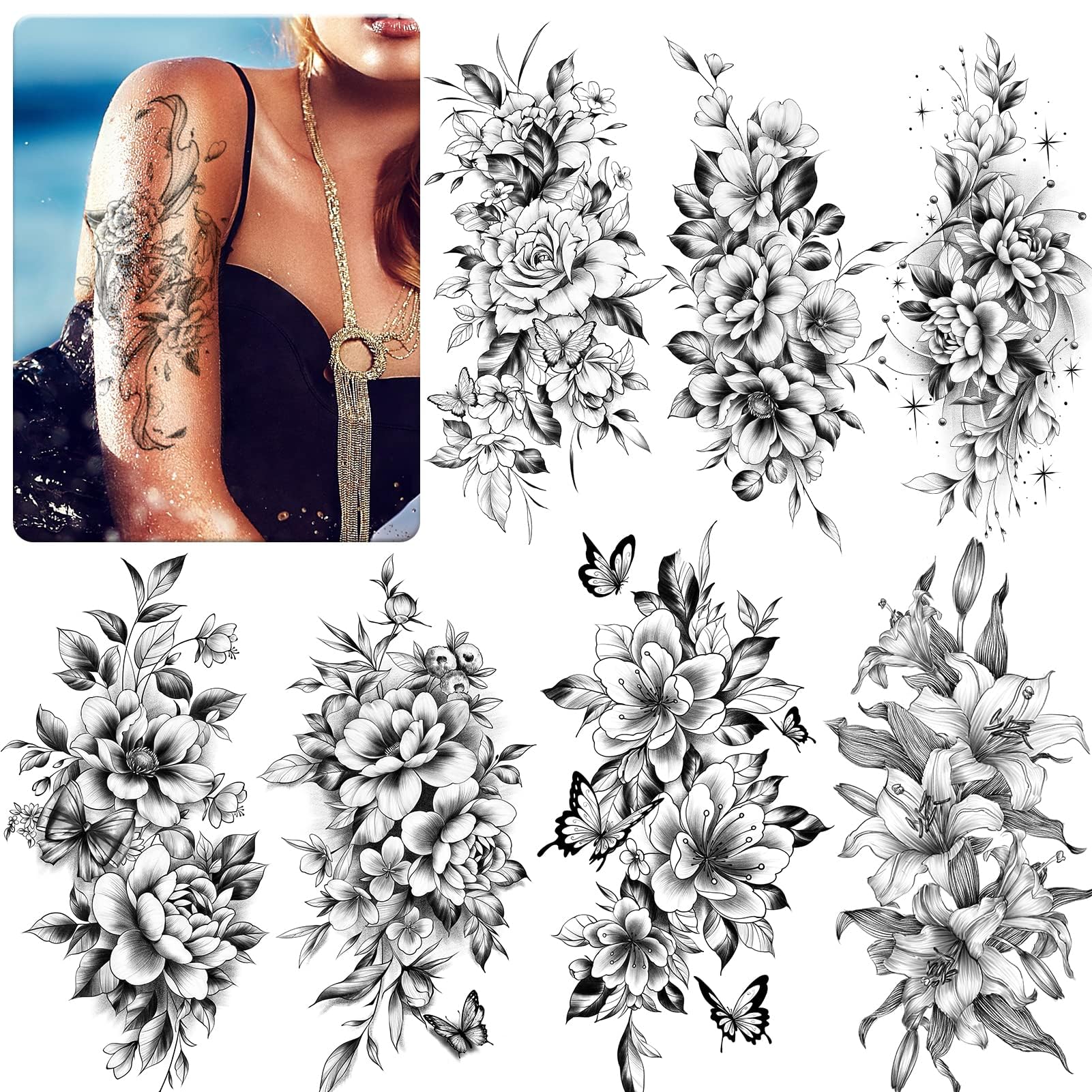 EMOME 12 hojas de tatuajes temporales con flores para mangas y piernas.