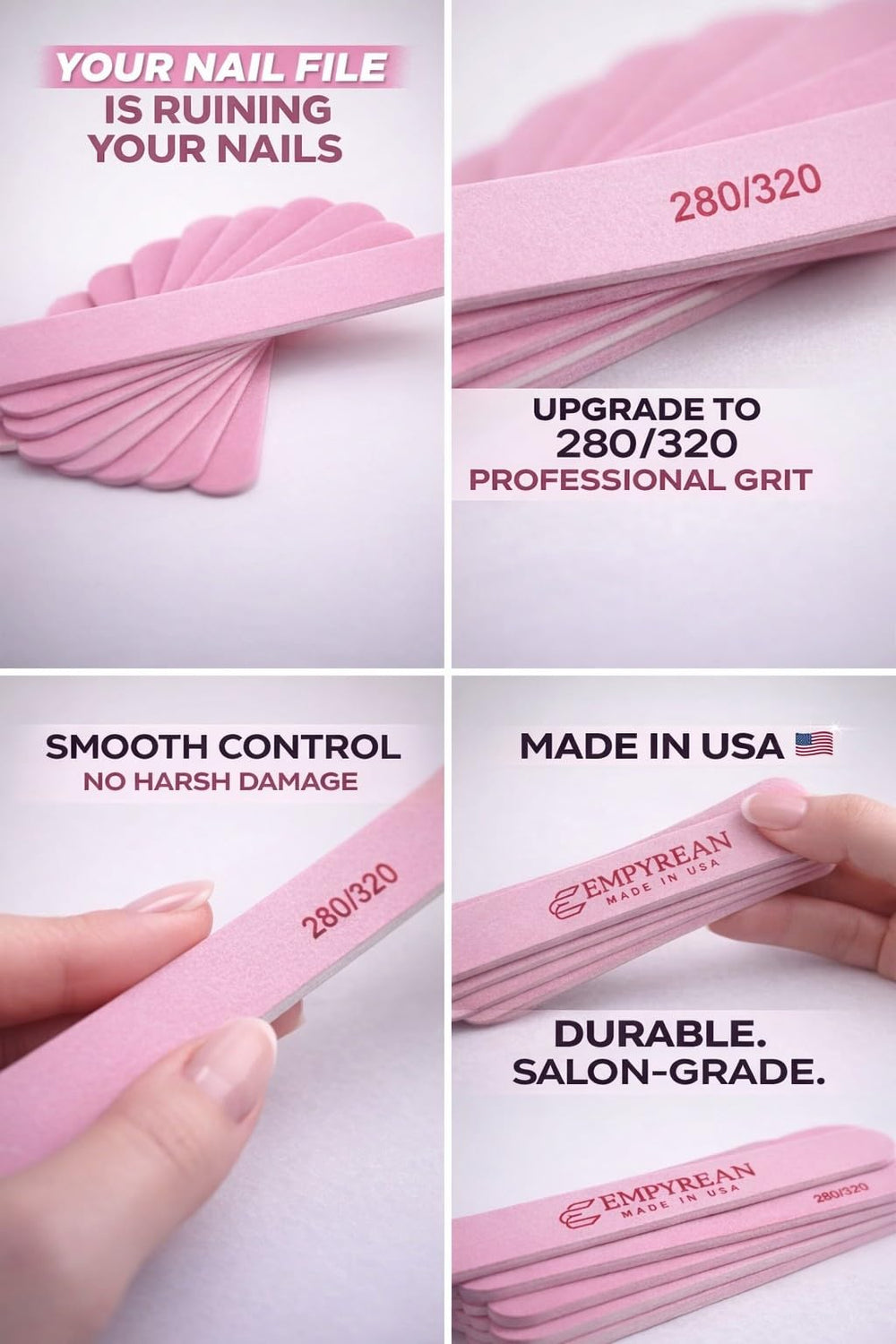 Empyrean Premium Nail Files ergonomic pink cushion grip for comfortable long-use sessions.