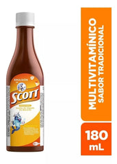 Emulsion Scott Tradicional, etiqueta nutricional visible con vitaminas A y D