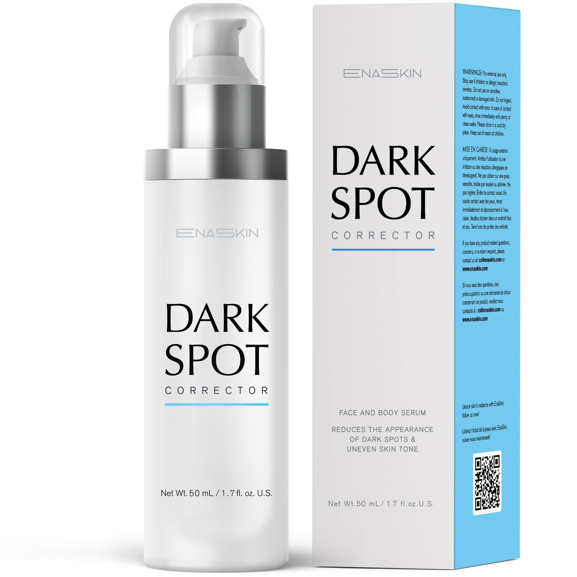 EnaSkin Dark Spot Remover bottle close-up for face brightening and even tone.