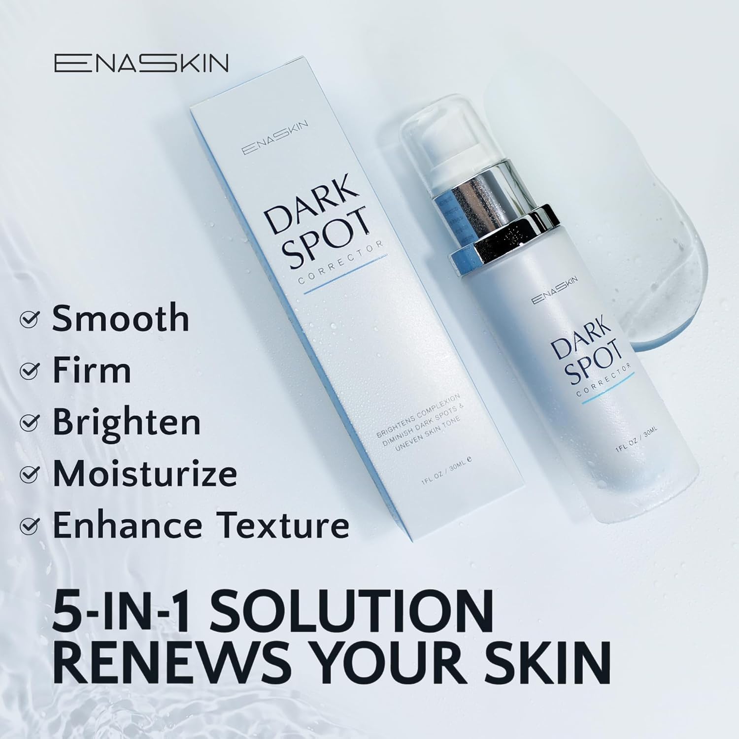 EnaSkin Dark Spot Serum body bottle shown for even-toned skin enhancement