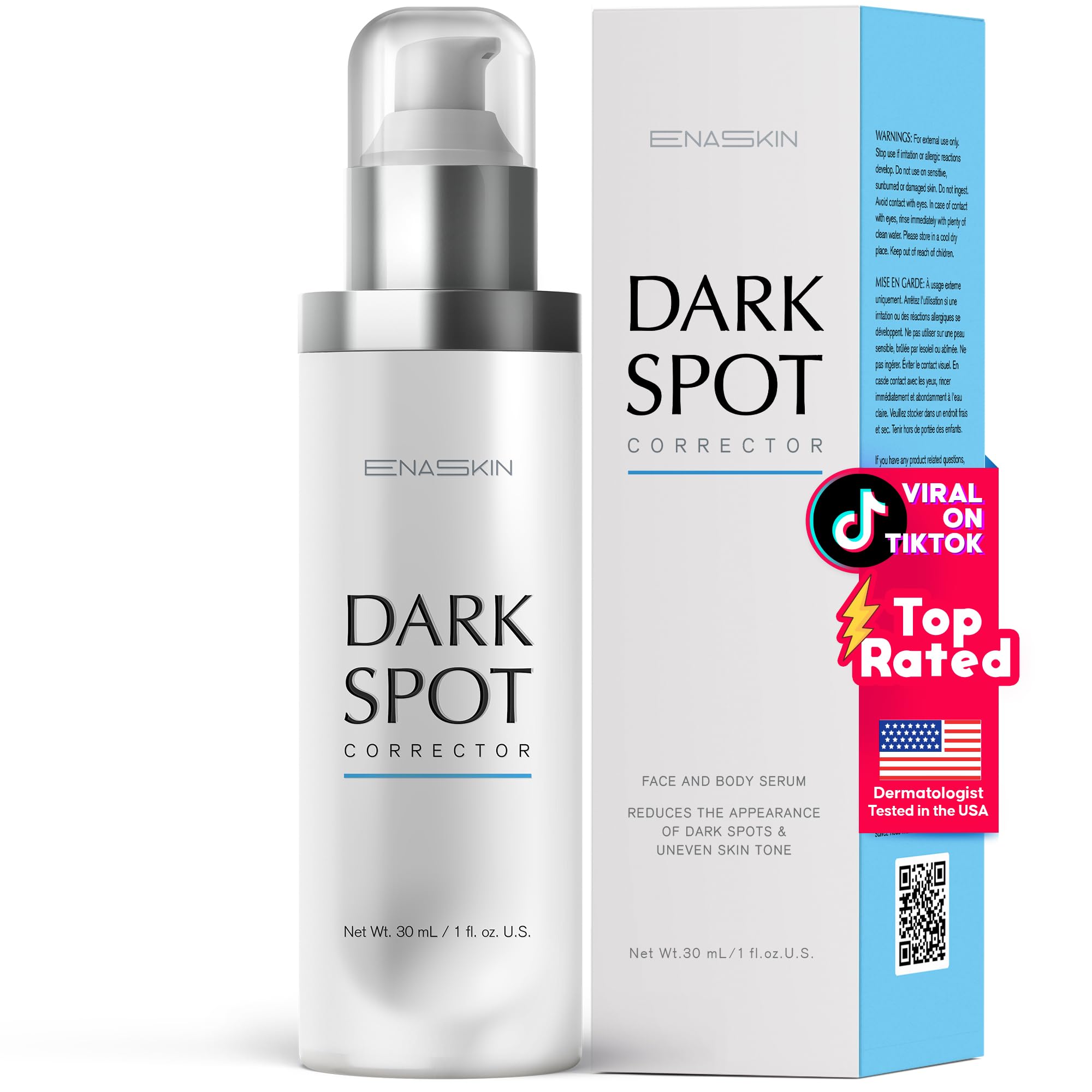 EnaSkin dark spot serum bottle close-up for brighter, more even skin.