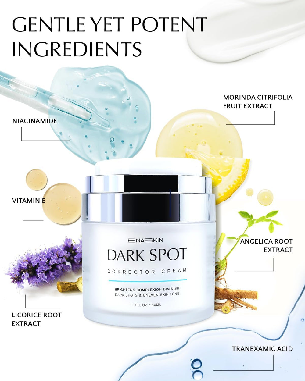 EnaSkin serum with niacinamide and alpha-arbutin highlights key active ingredients.