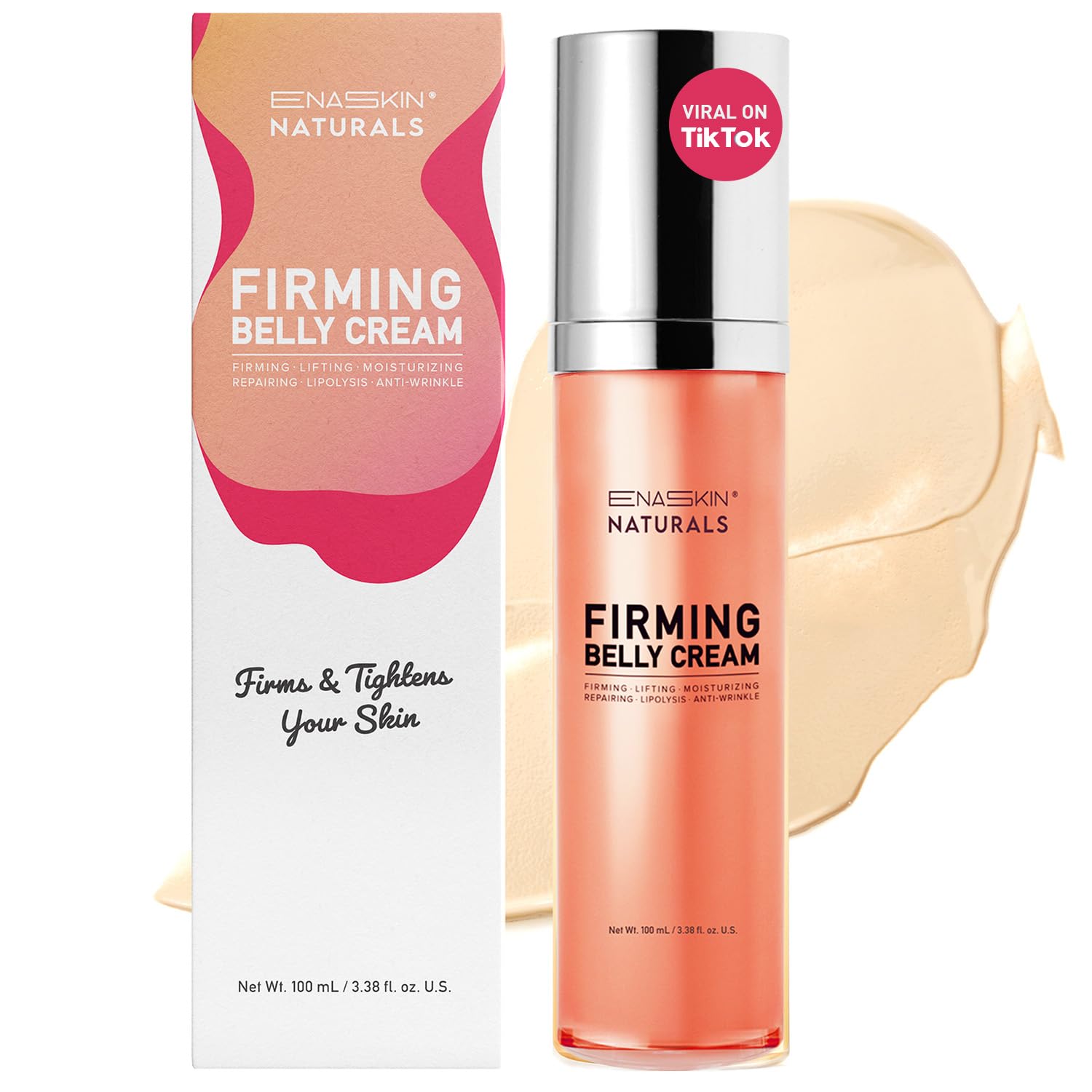 Enaskin Naturals Belly Firming Cream packaging highlights hydration and premium skincare