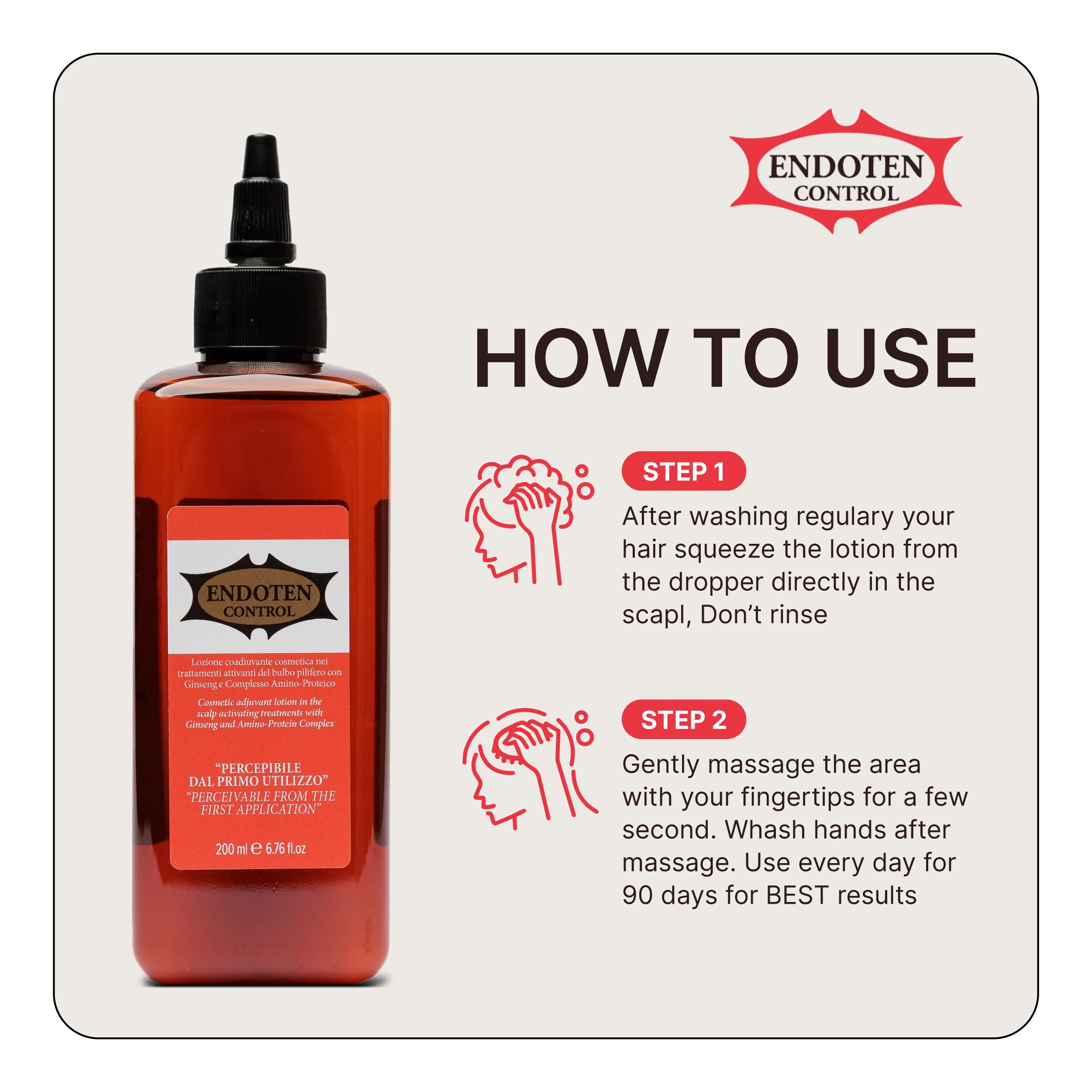 ENDOTEN CONTROL Lotion warmth and tingling on the scalp highlights stimulation.