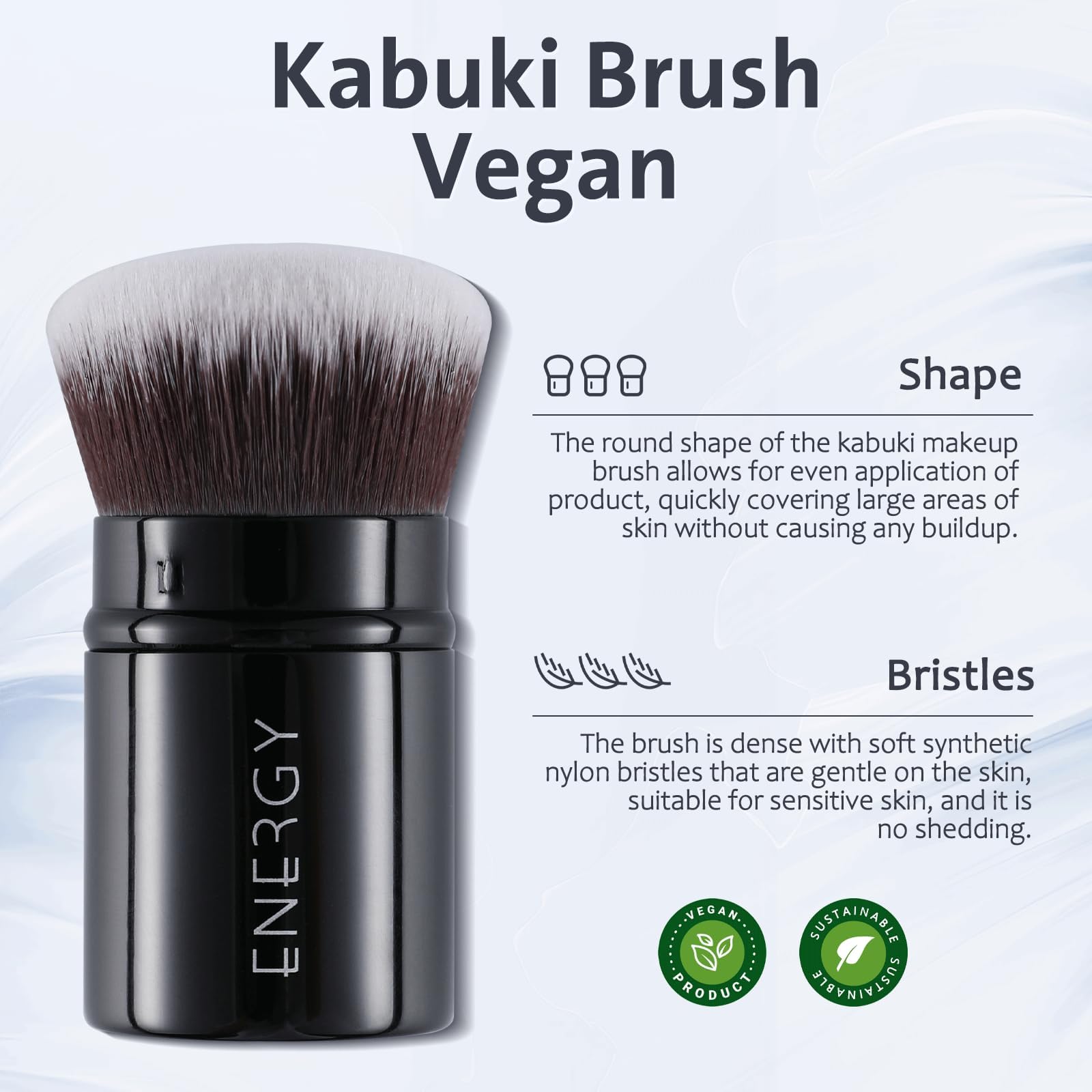 ENERGY Kabuki Brush 3-in-1 for foundations, blush, and liquids with even buffing.