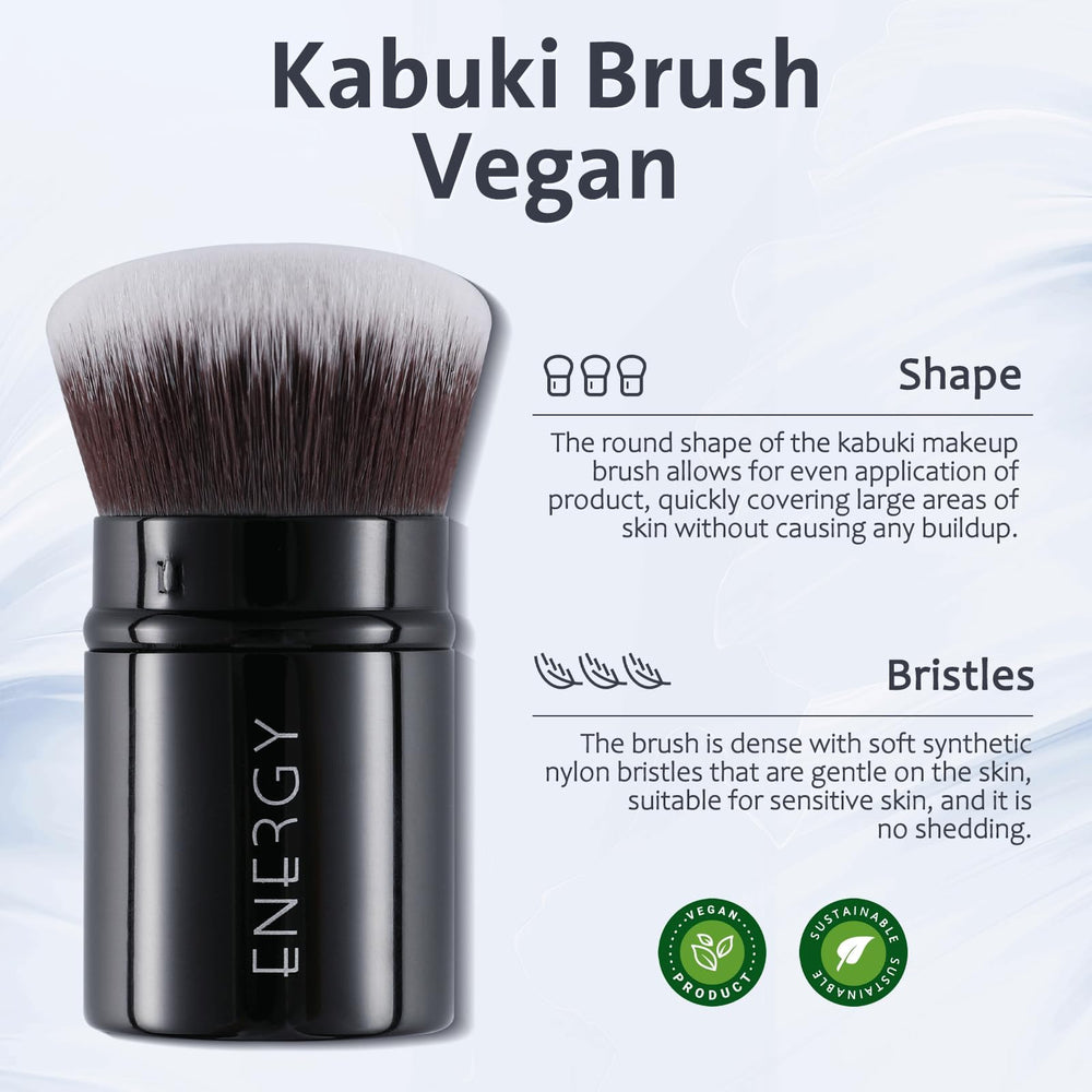 ENERGY Kabuki Brush 3-in-1 for foundations, blush, and liquids with even buffing.