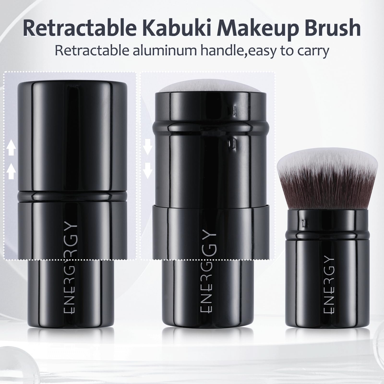ENERGY Kabuki Brush palm-sized travel form fits purses for on-the-go touch-ups.