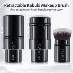 ENERGY Kabuki Brush palm-sized travel form fits purses for on-the-go touch-ups.