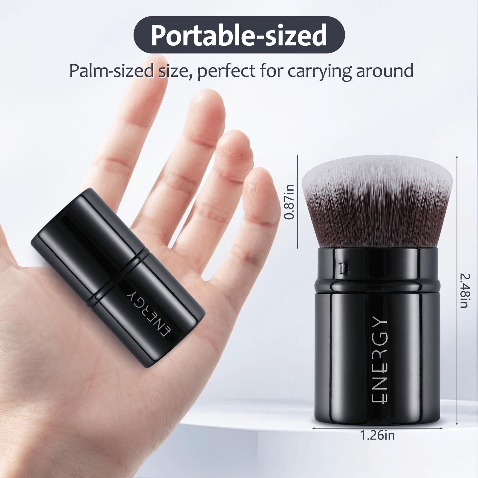 ENERGY Kabuki Brush soft vegan bristles glide smoothly on sensitive skin.