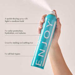 Enjoy Hair Finishing Spray flexible-hold spray delivers a shiny, touchable finish for easy daily styling.
