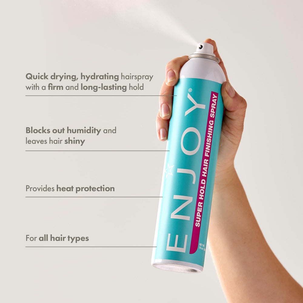Enjoy Hair Finishing Spray mist dispense demonstrates fast-drying performance and long-lasting control.
