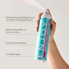 Enjoy Hair Finishing Spray mist dispense demonstrates fast-drying performance and long-lasting control.