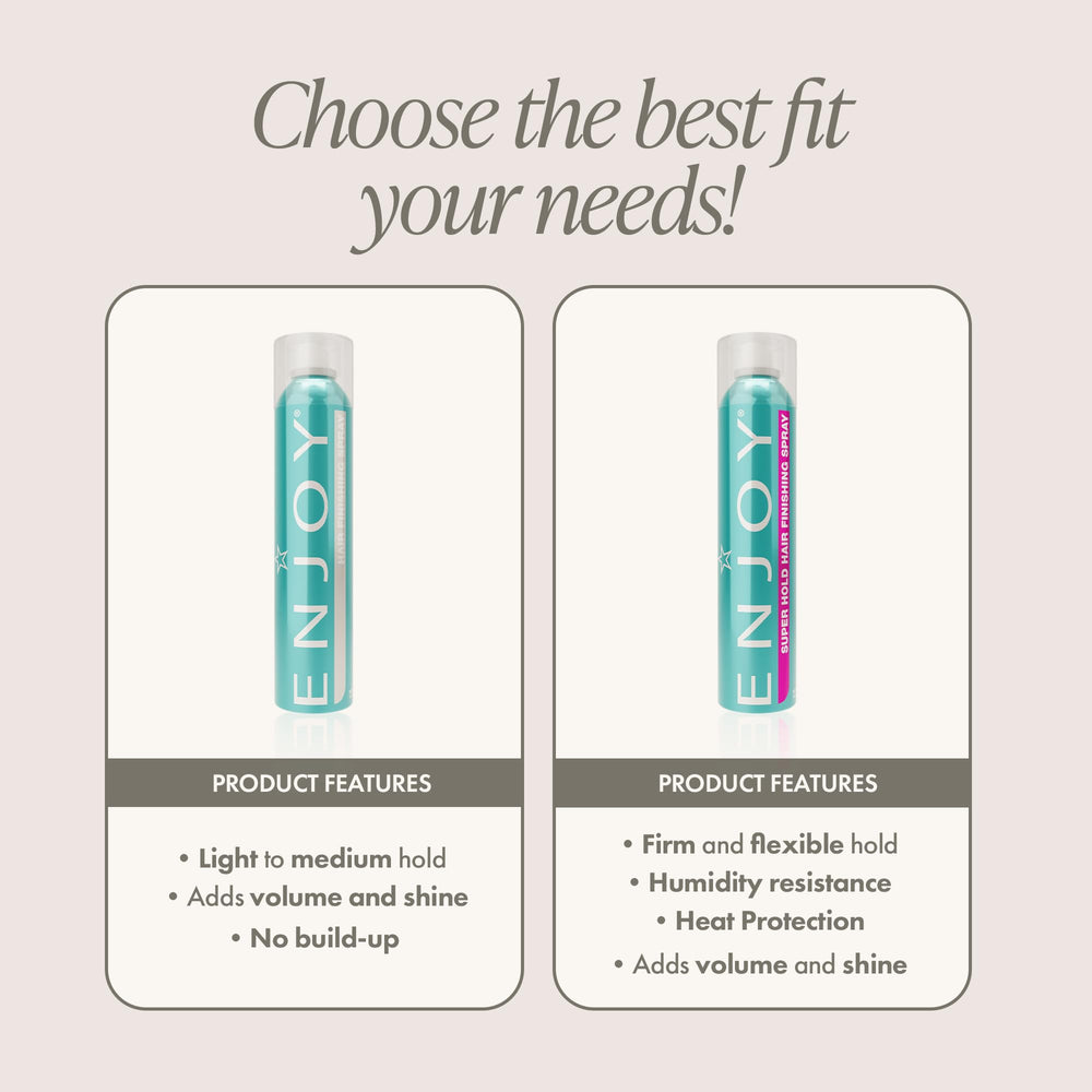 Enjoy Hair Finishing Spray packaging 10 oz showcases durable, travel-friendly design.