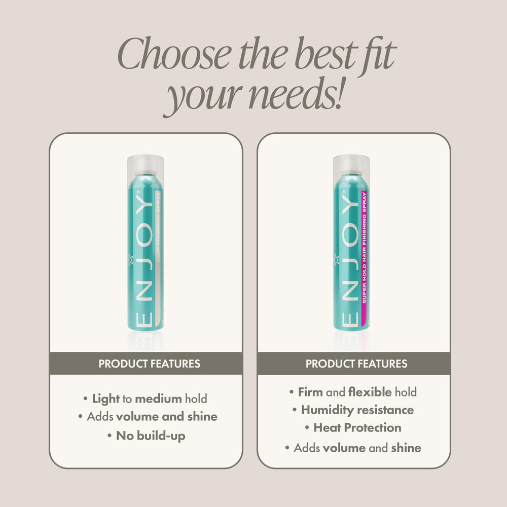 Enjoy Hair Finishing Spray volume-boost bottle suggests versatile volume and lift.