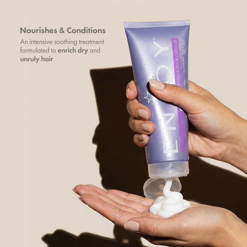 Close up of Enjoy Hair Mask being applied to frizz prone hair