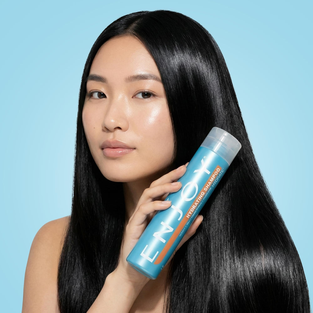 Enjoy Color-Safe label close-up demonstrates color protection for treated hair.