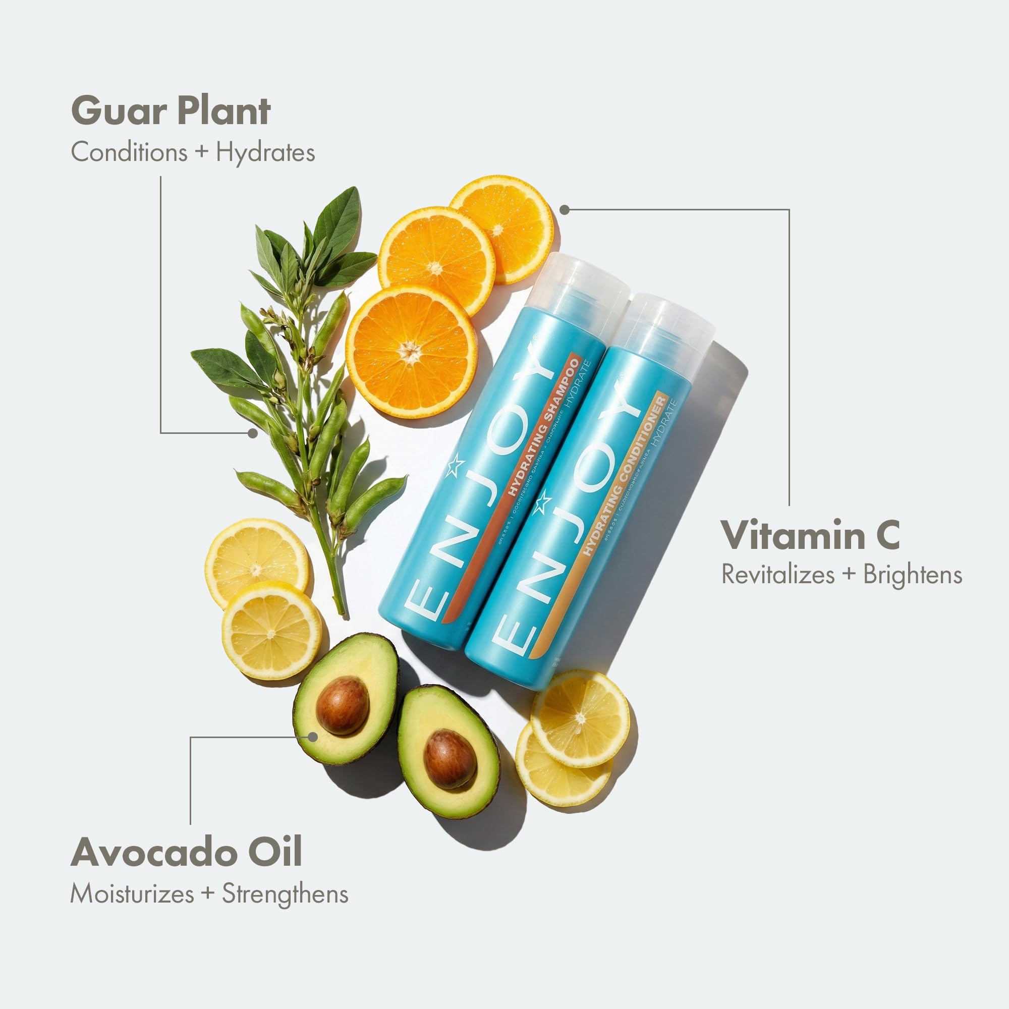 Enjoy Hydrating Shampoo bottle pour shot shows lightweight formula for detangling and shine.
