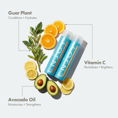 Enjoy Hydrating Shampoo bottle pour shot shows lightweight formula for detangling and shine.