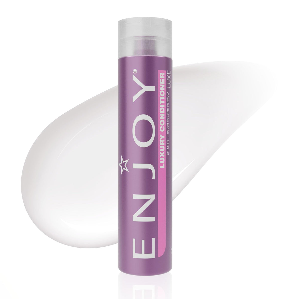 Enjoy Luxury Conditioner bottle pour shows easy dispensing for frizz control and moisture.