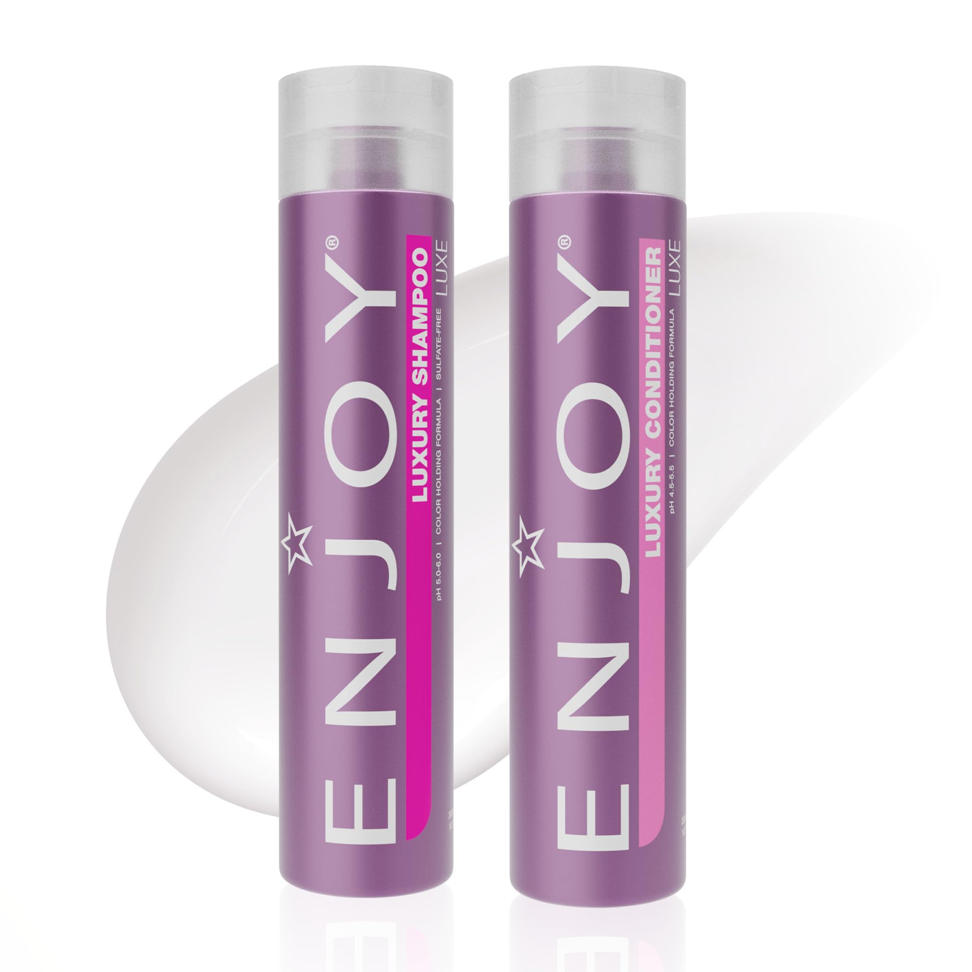 Enjoy Luxury Shampoo bottle pour demonstrates frizz control and shine for smoother hair.