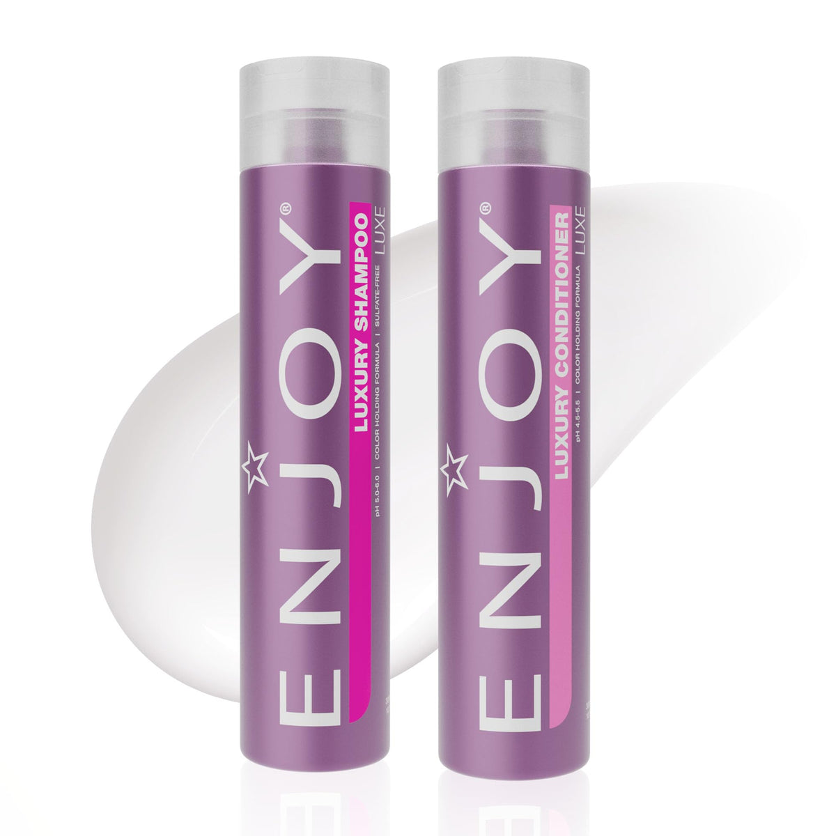 Enjoy Luxury Shampoo bottle pour demonstrates frizz control and shine for smoother hair.