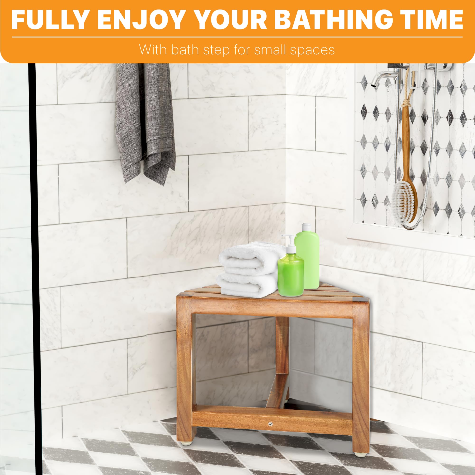 ENKEZI shower foot rest assembly steps show quick, tool-free setup