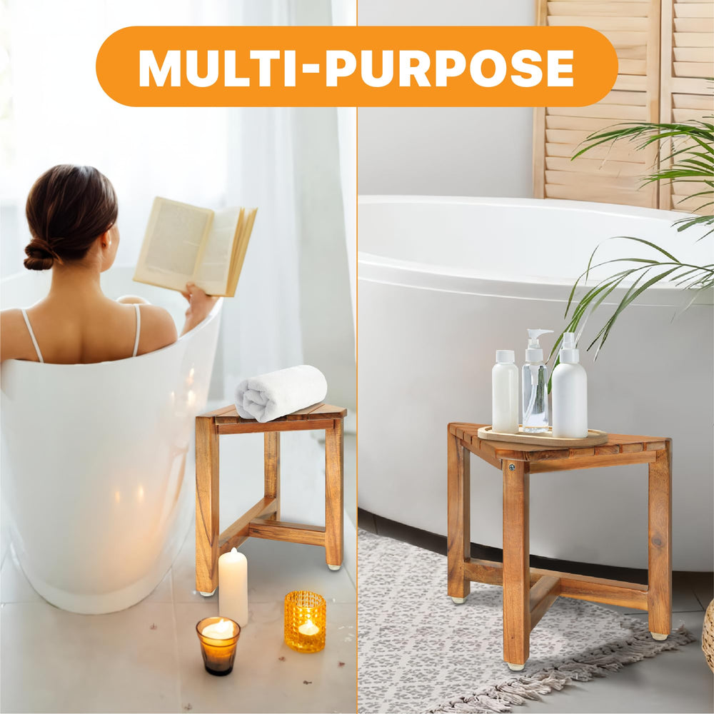 ENKEZI shower foot rest under-shelf view highlights space-saving storage