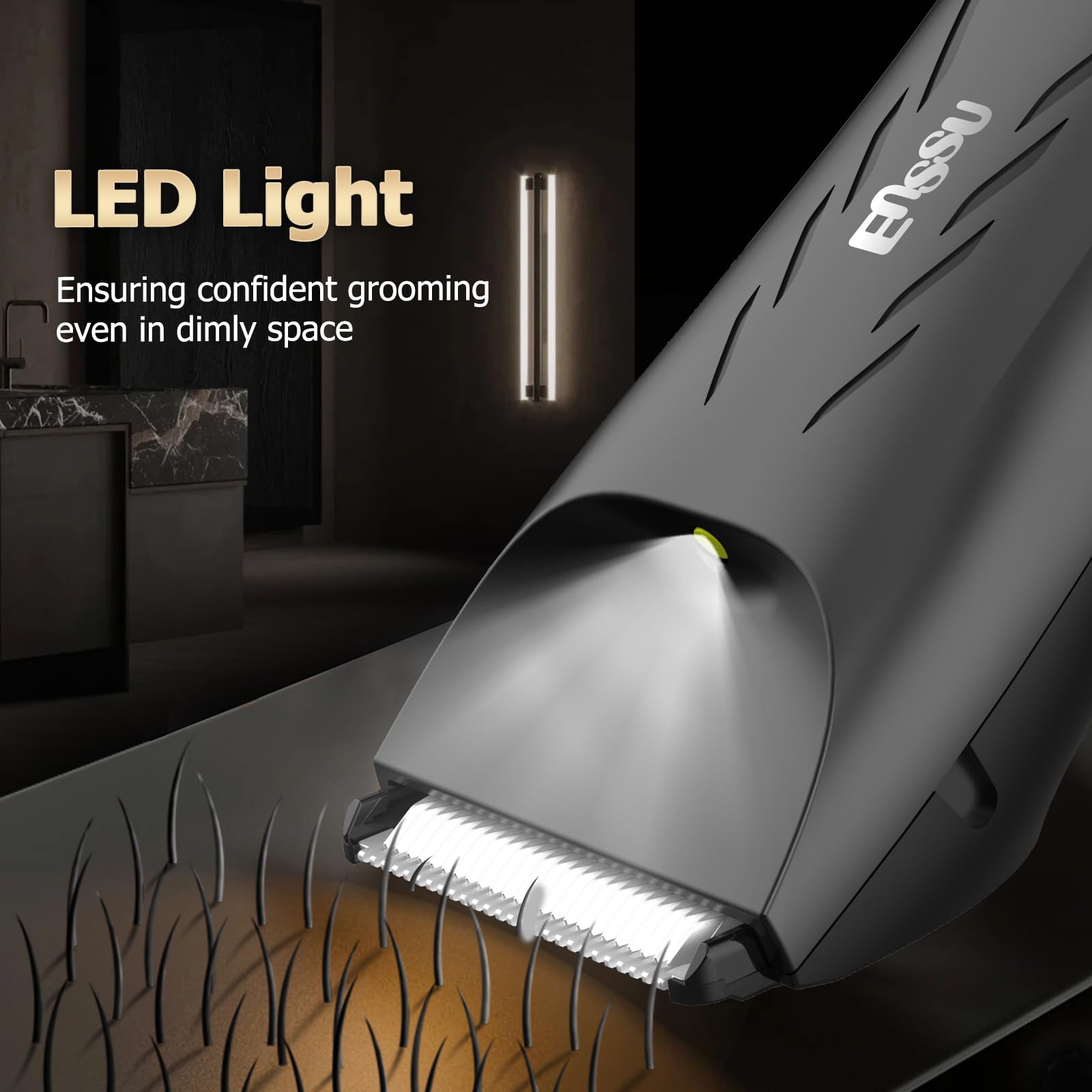 ENSSU Trimmer on charging dock provides easy storage and quick recharging.