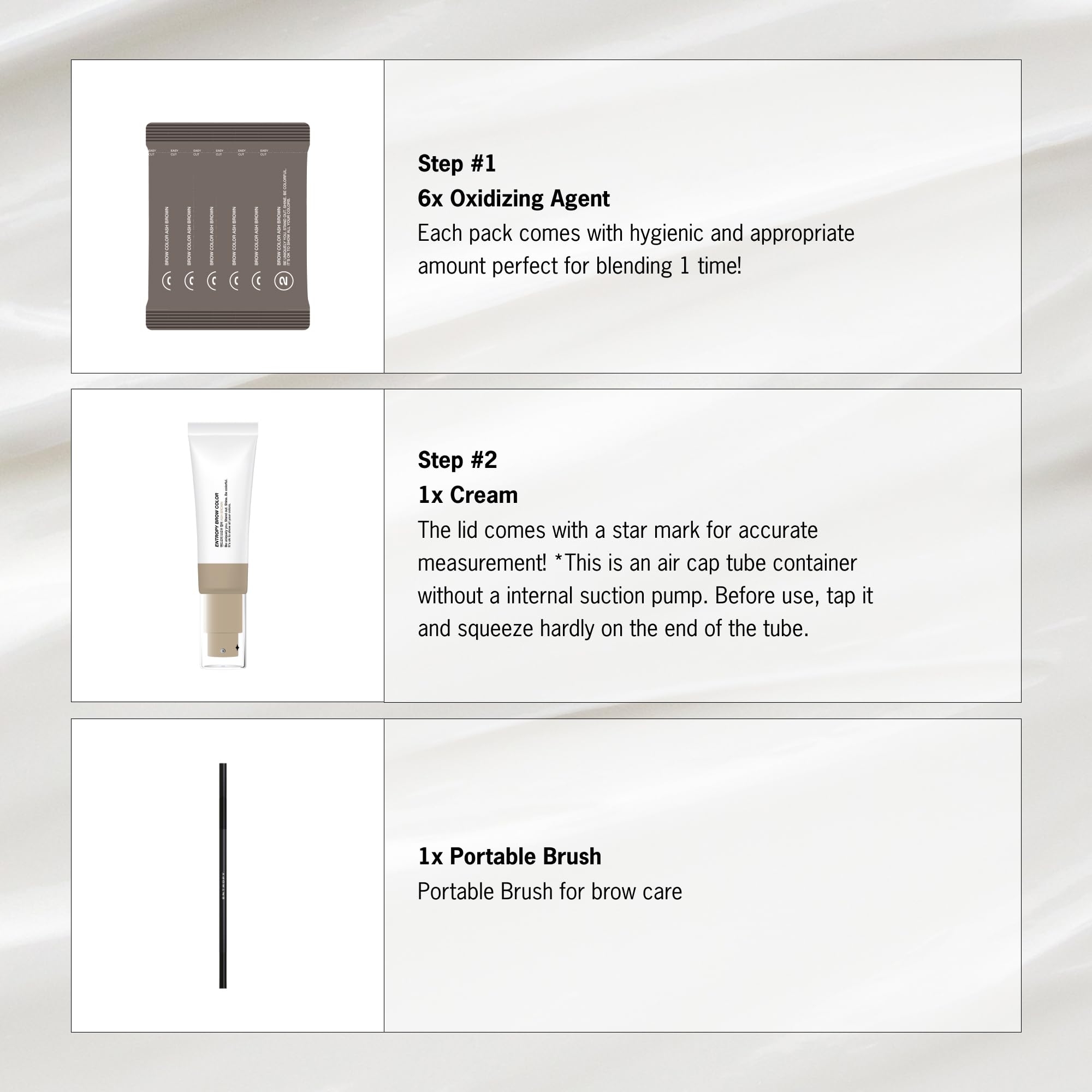 Entropy Make Up Brow Color ash brown swatches show a cool-toned shade for brunettes.