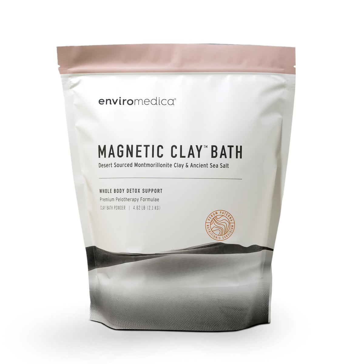 Enviromedica magnetic bentonite clay bath powder bottle ready for a cleansing soak.