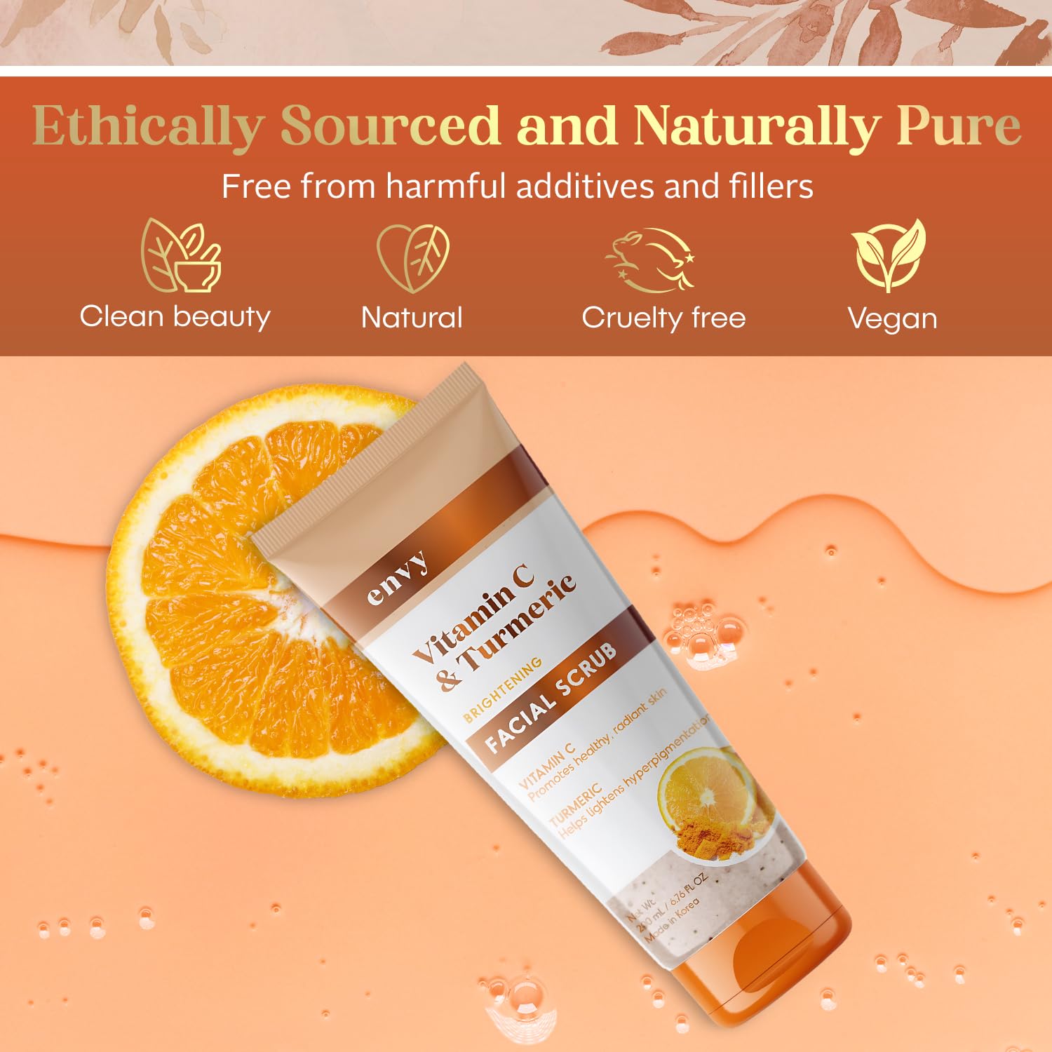 Envy exfoliante facial, ingredientes naturales y cúrcuma para cuidado consciente.