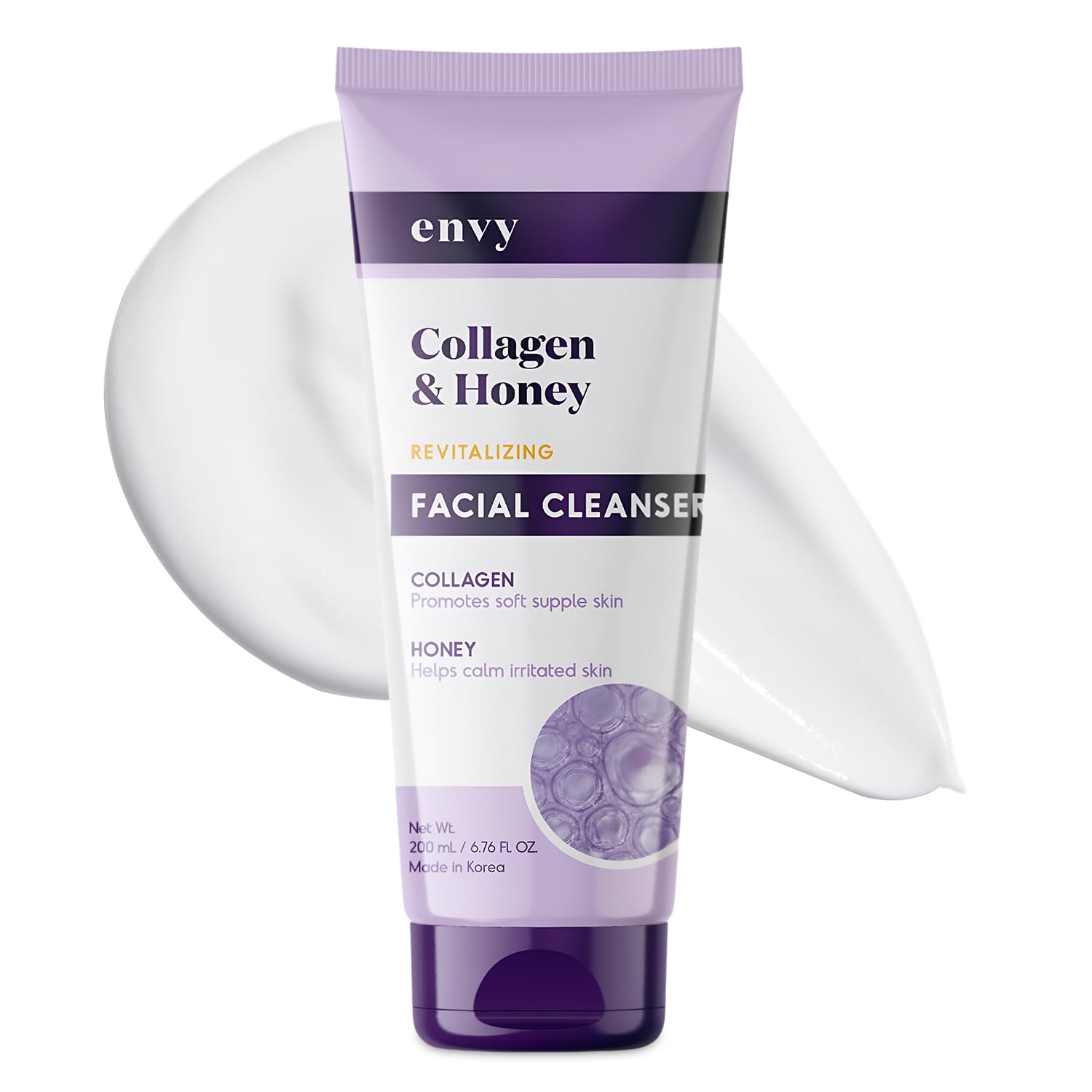 Limpiador facial Envy, botella con colágeno y miel para hidratación suave.