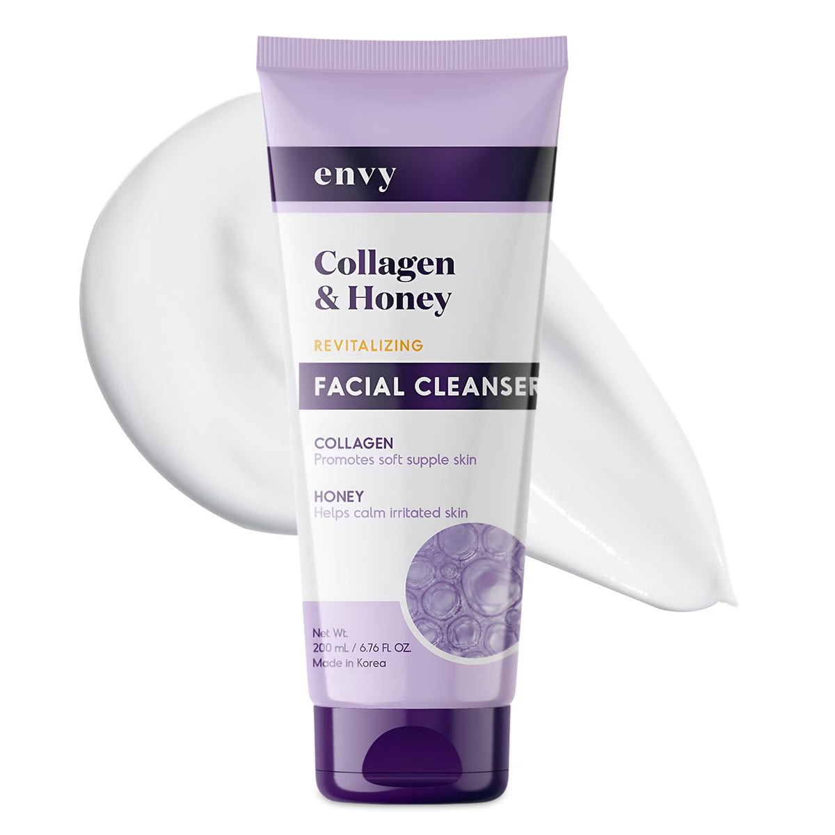 Limpiador facial Envy, botella con colágeno y miel para hidratación suave.