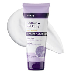 Limpiador facial Envy, botella con colágeno y miel para hidratación suave.