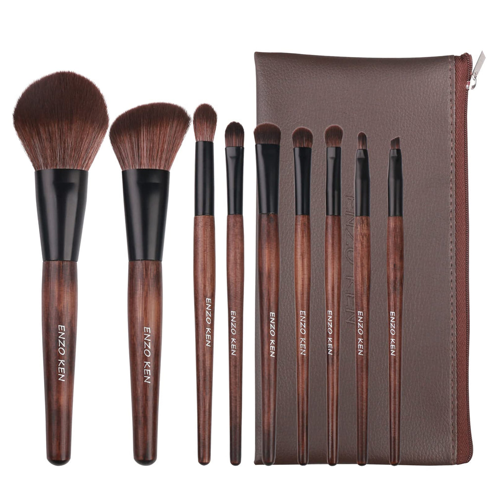 ENZO KEN bamboo makeup brushes set with case for travel and precision.