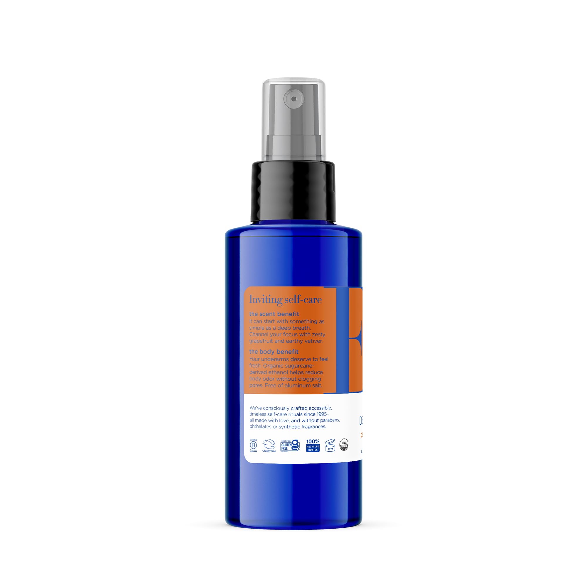 EO deodorant spray citrus packaging made from recycled materials.