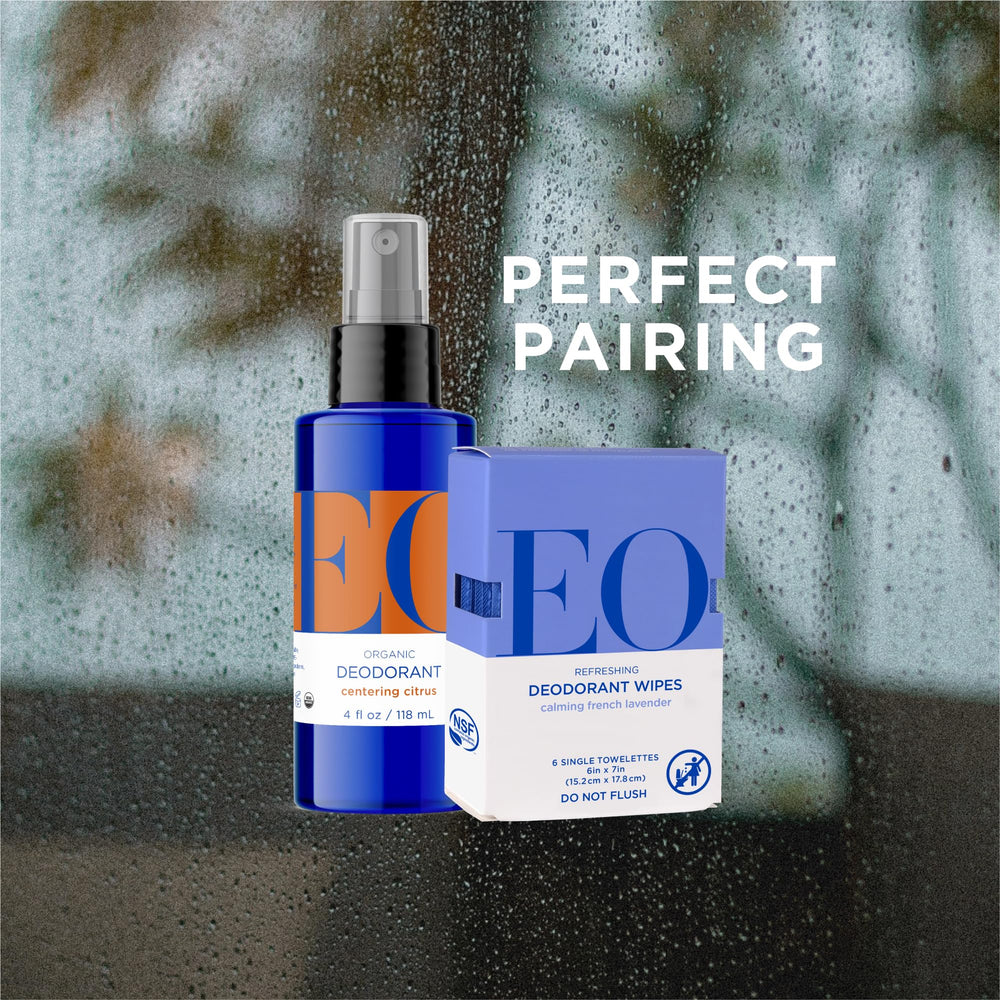 EO deodorant spray citrus being sprayed for instant refresh.