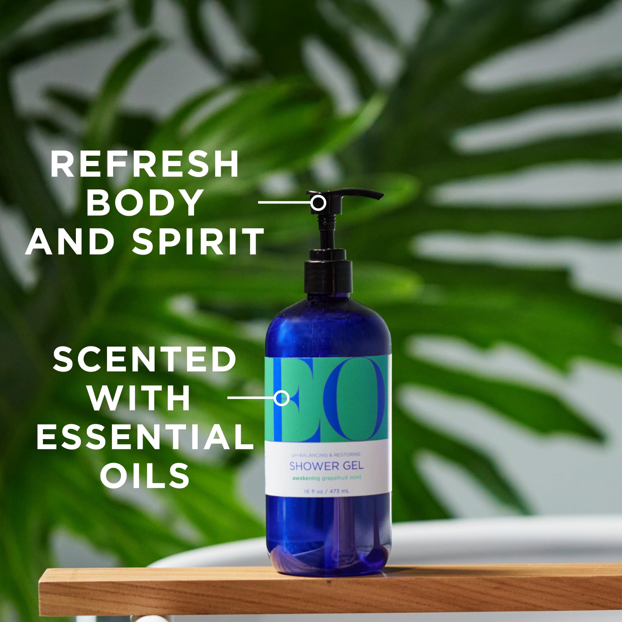 EO Shower Gel bottle back highlights plant-based formula for gentle cleansing