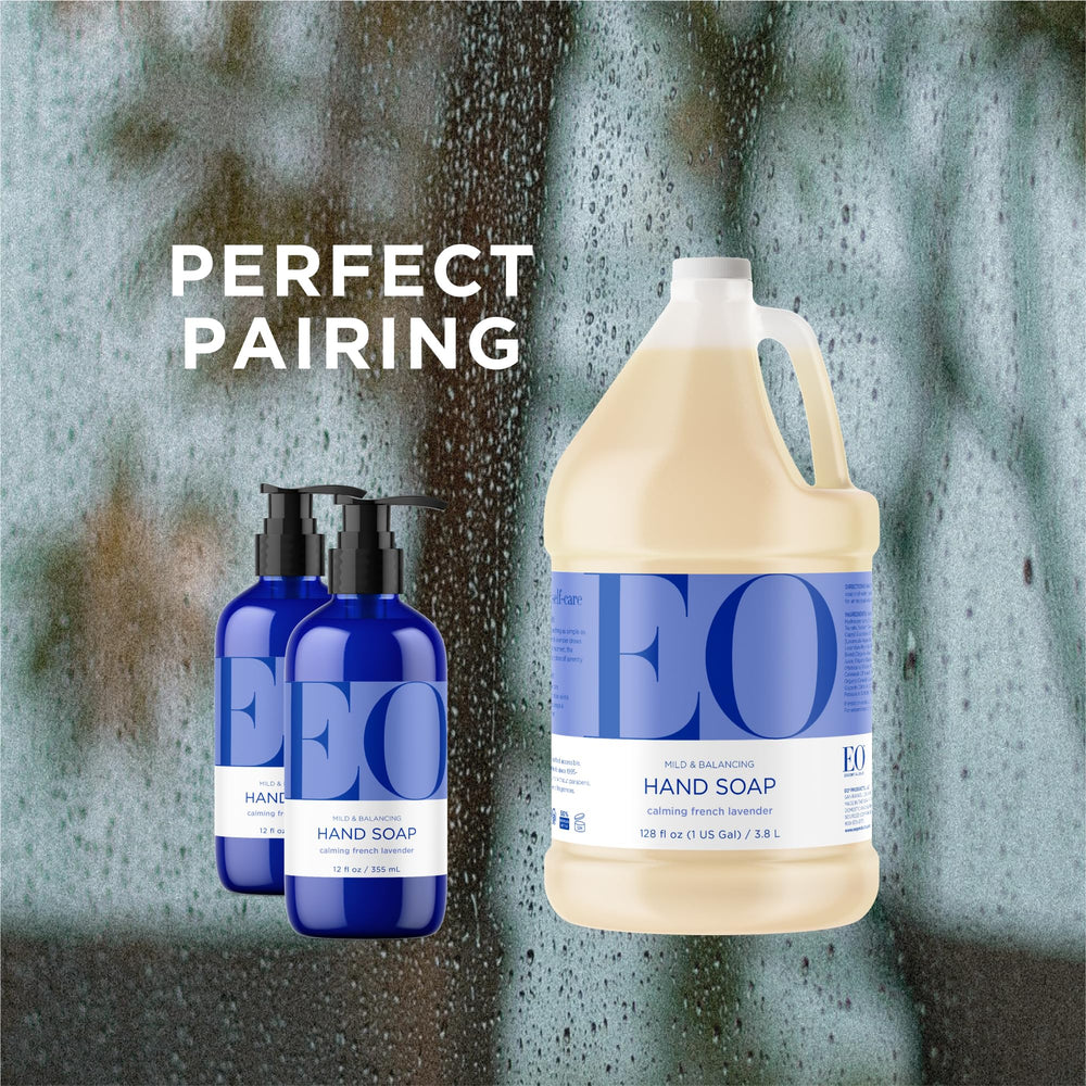 EO Hand Soap French Lavender back panel notes recyclable packaging and zero-waste ethos.