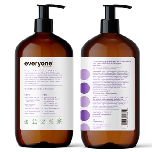 Jabón EO 3 en 1 vainilla lavanda, dispensador para duchas rápidas y limpias.