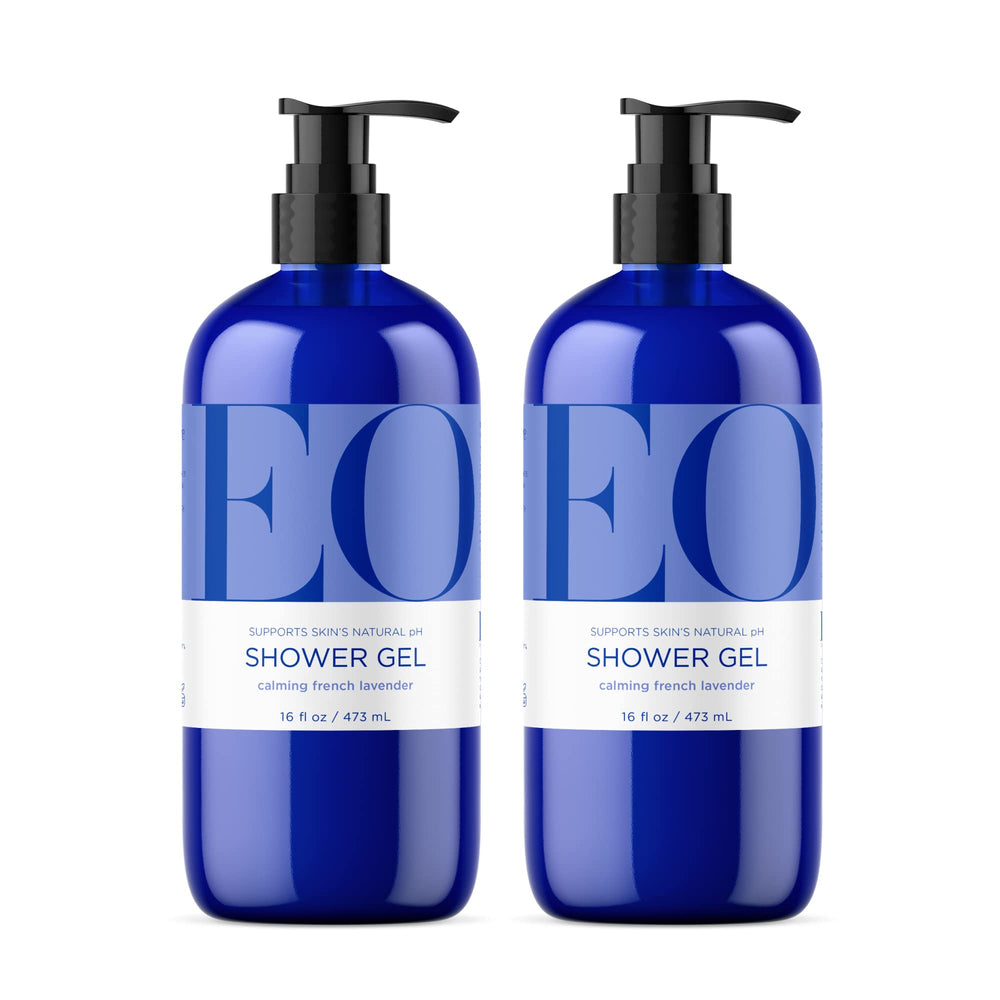 EO gel de ducha lavanda, botella frontal, aroma relajante para la piel.