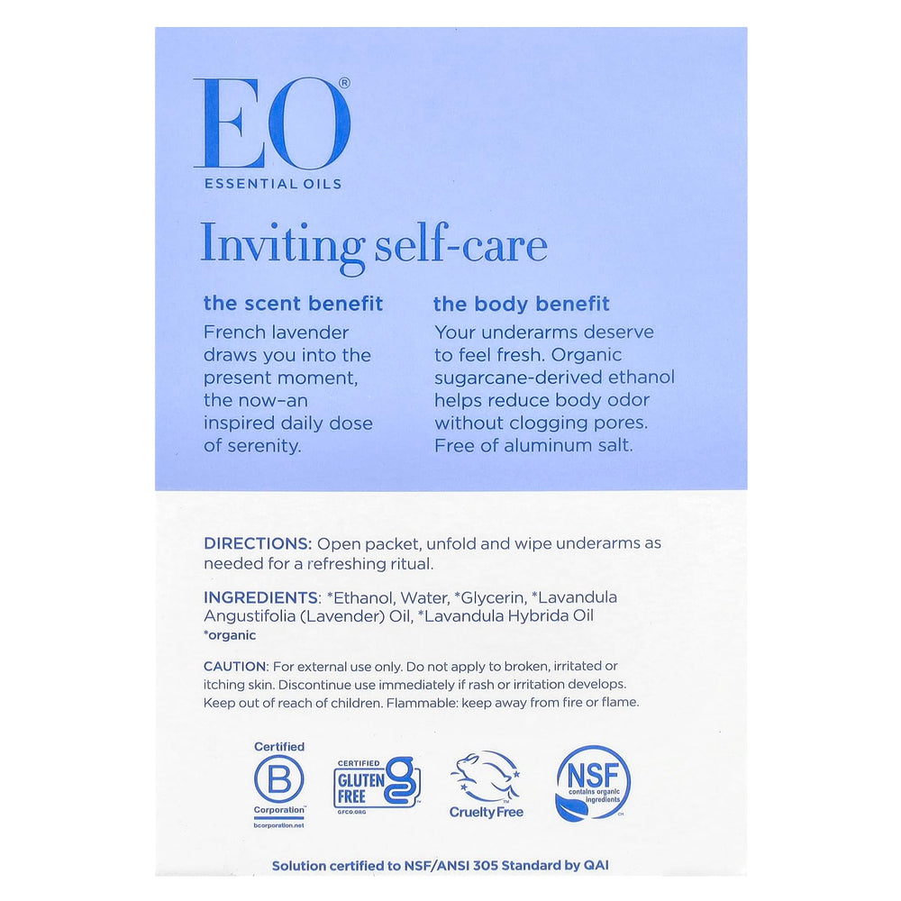 EO Lavender Deodorant Wipes application scene shows travel-friendly size